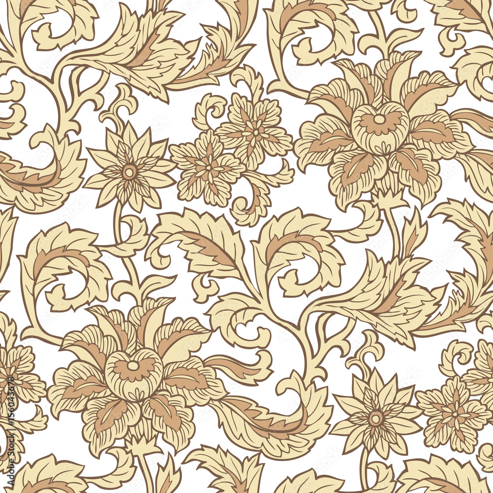Seamlessly repeating cream coloured floral pattern on white background 