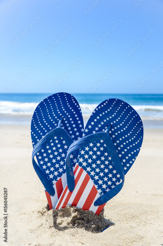 Patriotic USA background on the sandy beach Patriotic USA background on the sandy beach
