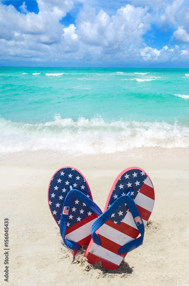 Patriotic USA background on the sandy beach Patriotic USA background on the sandy beach