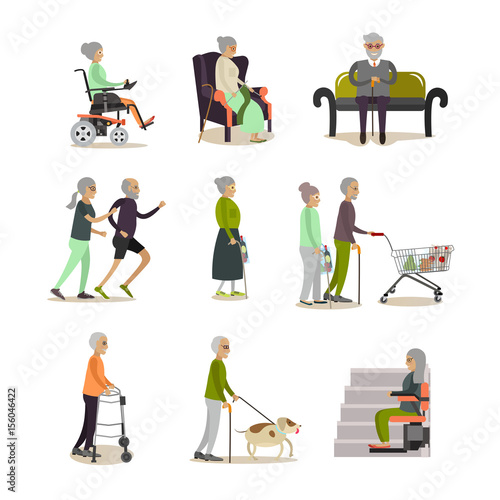 Vector flat icons set of aged people cartoon characters