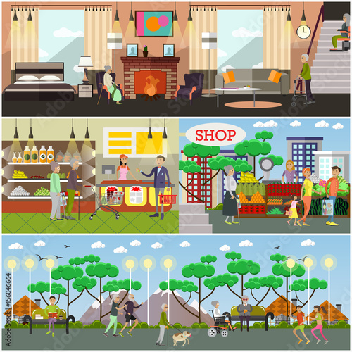 Vector set of aged people posters, banners in flat style