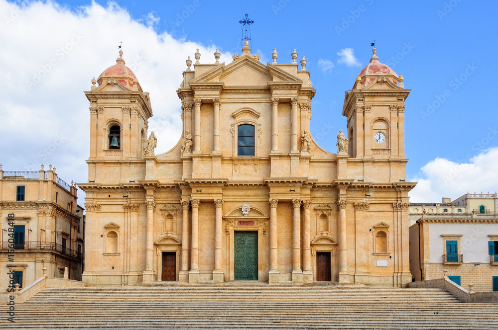 The facade of the beautiful Sicilian baroque Cathedral dedicated to Saint Nicholas - Noto, Sicily, Italy