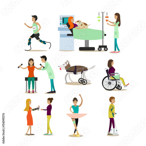 Vector flat icons set of medical staff and disabled people, pets