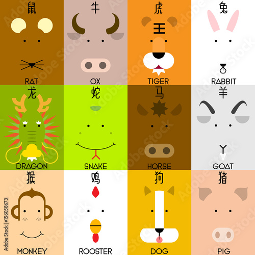 12  Chinese zodiac icon set, face of rat, ox, tiger, rabbit, dragon, snake, horse, goat, monkey, rooster, dog, pig, flat design character. Vector illustration