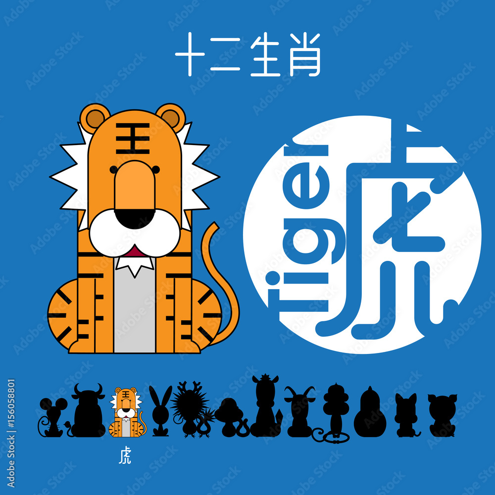 Chinese zodiac sign tiger with Chinese character