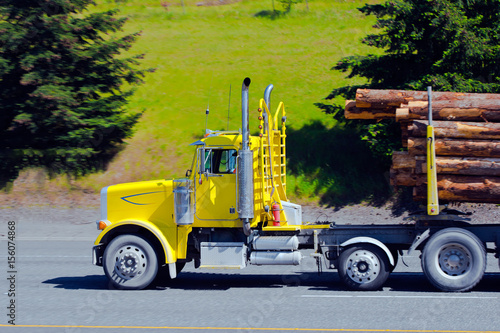 Bright yellow big rig semi truck cargo logs