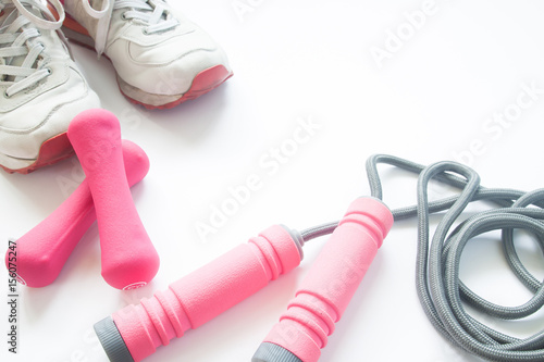 Sport equipments and shoes on white background with copy space, Workout and Healthy concept