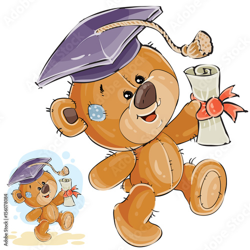 Vector illustration of a cheerful brown teddy bear in the graduation cap hold...