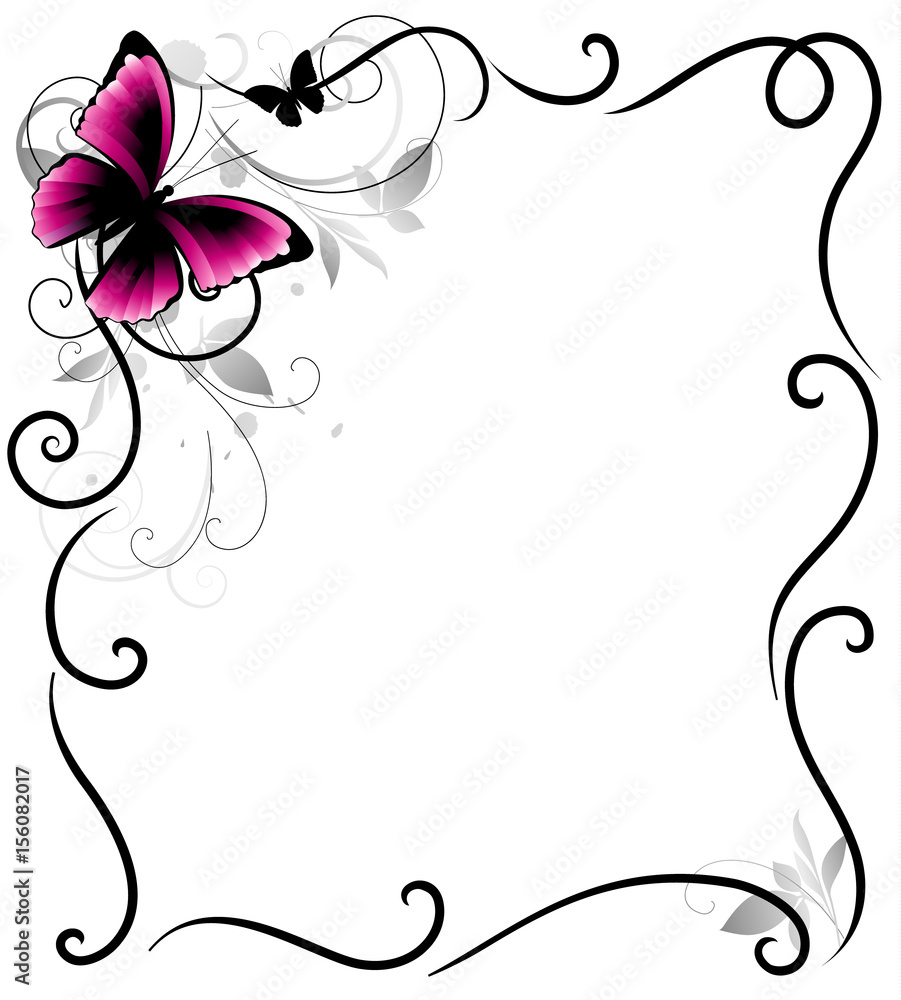Decorative frame with butterfly and decorative lines. Vector illustration