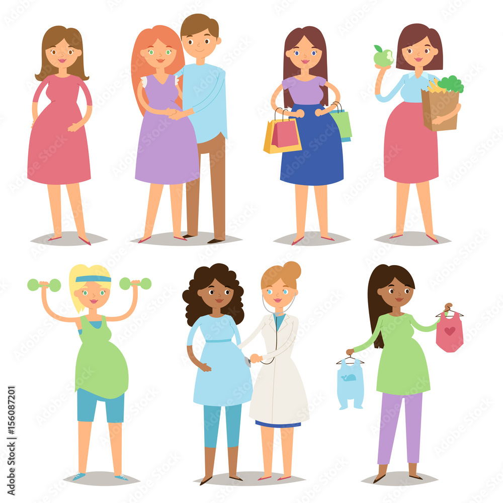 Pregnancy motherhood people and expectation concept happy pregnant woman character life with big belly vector illustration