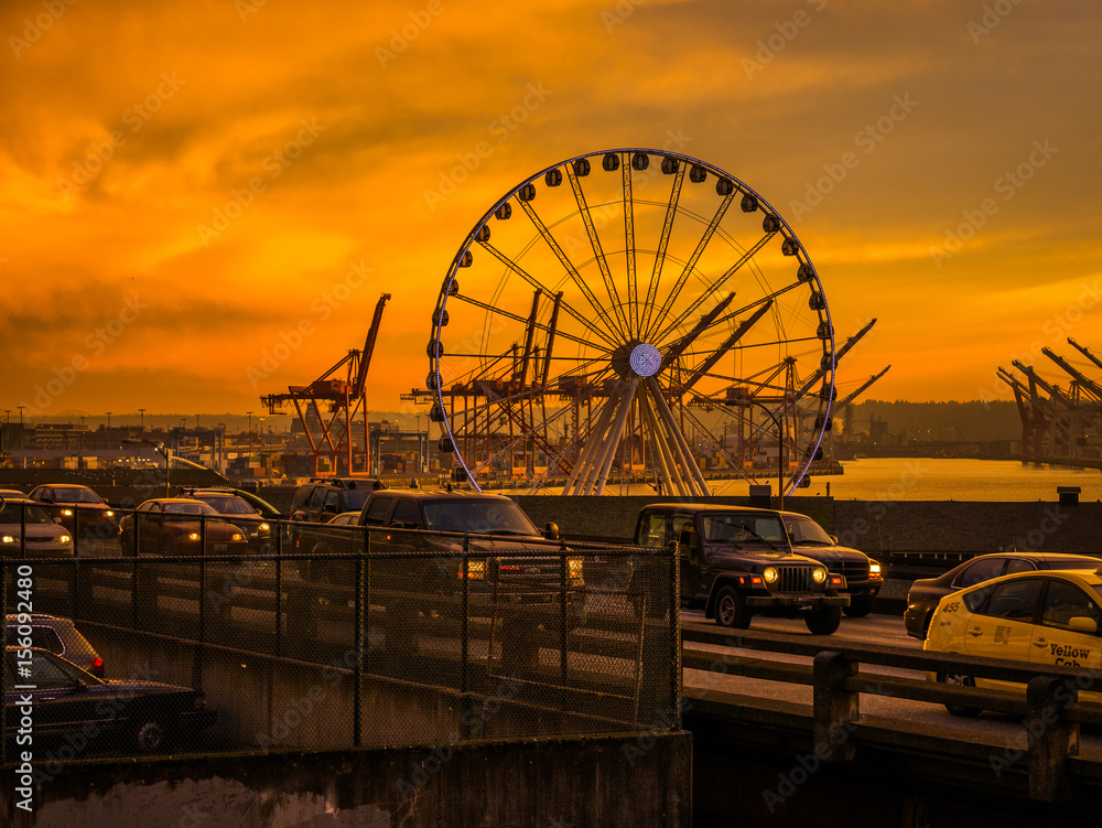 SEATTLE, WASHINGTON, UNITED STATES - JANUARY 21, 2014: Ferris wheel at sunset