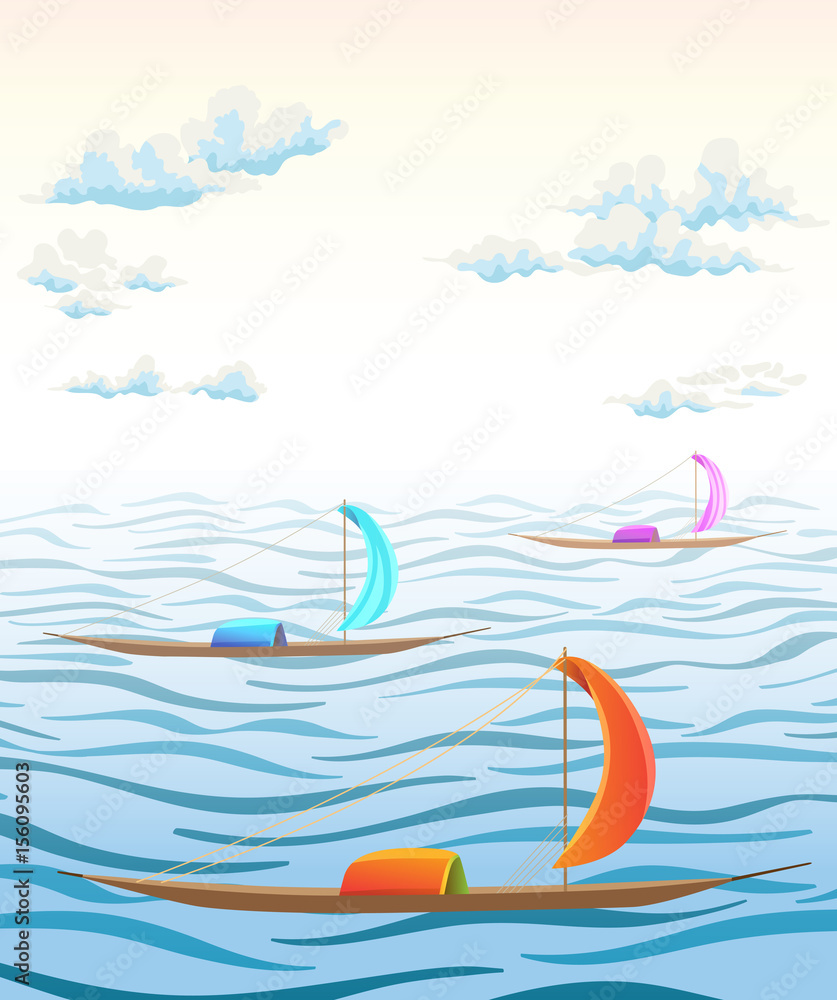 landscape with sea waves, clouds and ancient boats. vector illustration