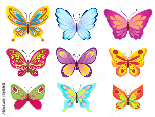 Naklejka zestaw kolorowych motyli kreskówka na białym tle. ilustracji wektorowych