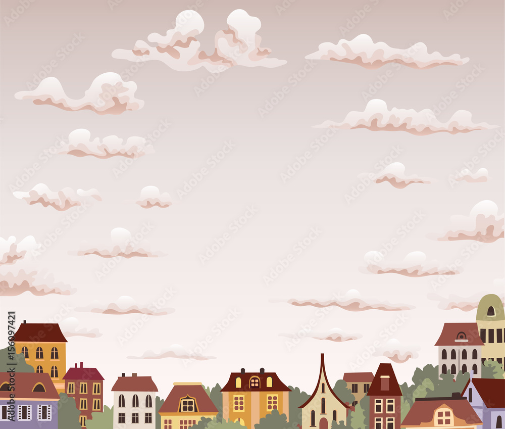 old retro town with sky and clouds. vector illustration
