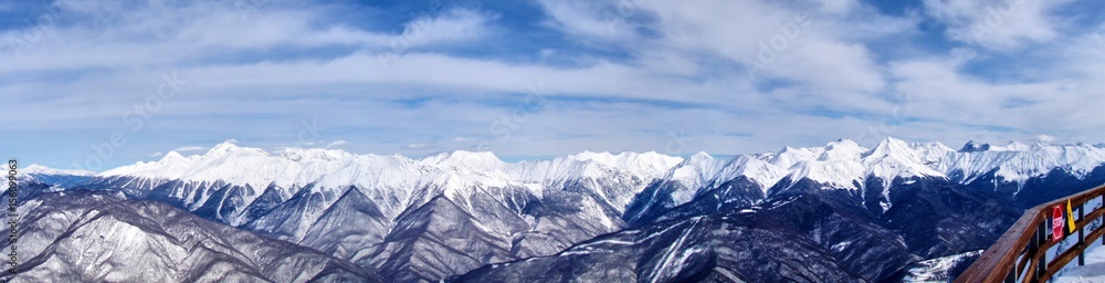 Panoramic view. The Caucasian mountain range. Krasnaya Polyana mountain resort Panoramic view. The Caucasian mountain range. Krasnaya Polyana mountain resort
