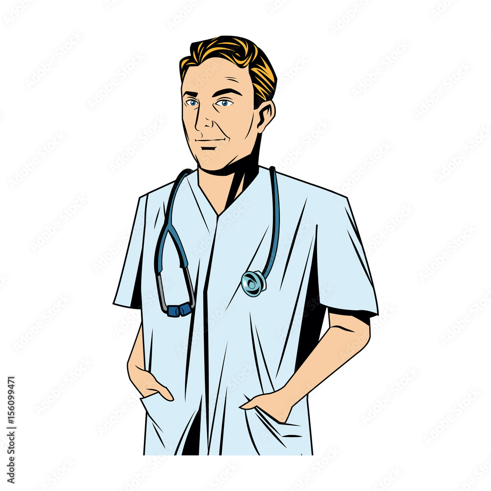 Cheerful male doctor. Vector illustration of a smiling doctor with medical icons background.