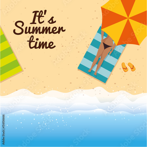 Woman sunbathing in the beach with umbrella and summer time sign. Vector illustration