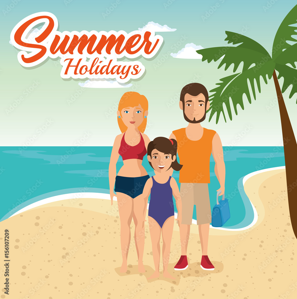 Family in swimsuit and summer holidays sign over beach landscape background. Vector illustration.