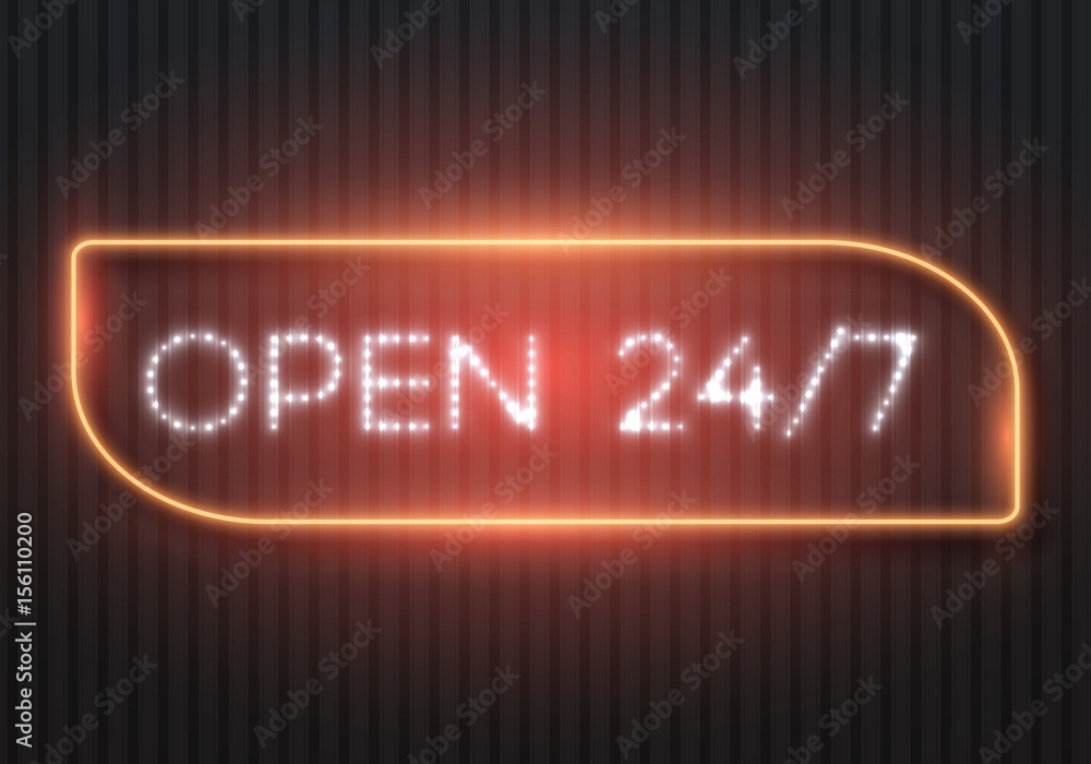 Illustration of Vector Neon Sign. 24 7 Retro Neon Frame. Open 24 Hours Glowing Neon Sign