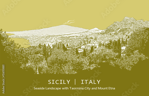 Beautiful Island of Sicily, Italy. Seascape with Mount Etna and Italian Cties (Catania and Taormina). Yellow-green colored image.
Monochrome auto-trace adapted for easy use.