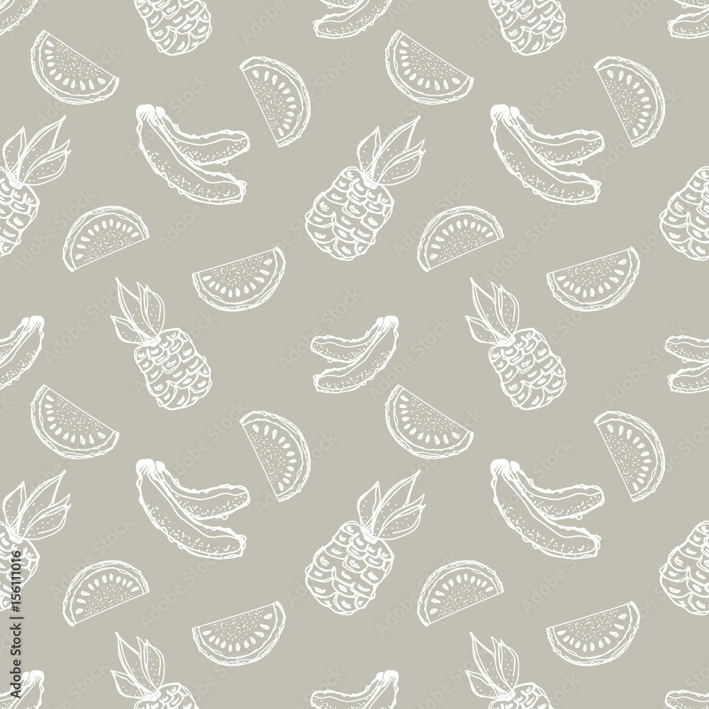 Seamless vector pattern. Hand drawn fruits illustration of banana, pineapple, watermelon Line drawing. Print for wallpaper, background, surface, fabric, decor Seamless vector pattern. Hand drawn fruits illustration of banana, pineapple, watermelon Line drawing. Print for wallpaper, background, surface, fabric, decor