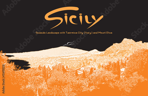 Seaside landscape with Taormina city and Mount Etna in Sicily, Italy. Vector graphic image. Black and orange colored illustration.
Monochrome auto-trace adapted for easy use.