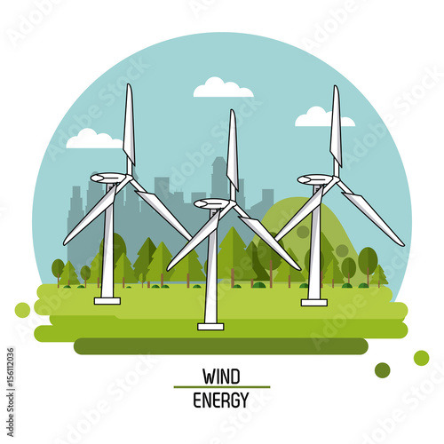 color landscape image wind power plant with turbines vector illustration