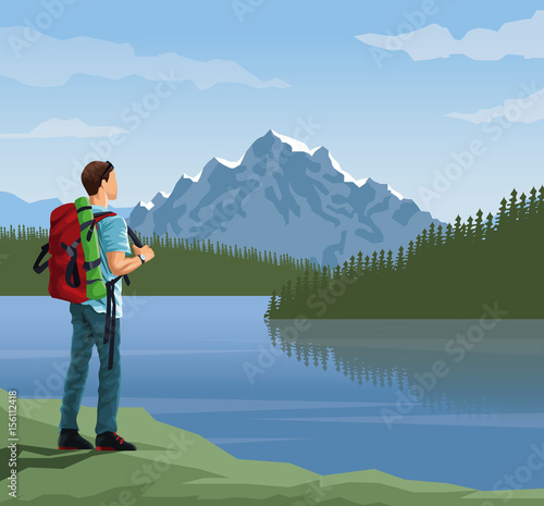 realistic landscape background of far snowy mountains and lake with mountaing climber looking to horizont vector illustration