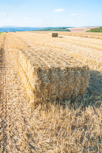 Autumnal stubble field with straw bales in the sunsine photo