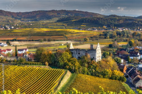 Picturesque autumn countryside landscape. Colourful vineyards growing on rolling hills and medieval village with ancient castle ruins. Black Forest, Germany. 