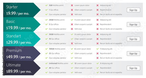 pricing table in flat design for websites and applications