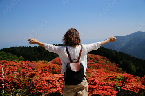 japanese young woman red flower mountain
