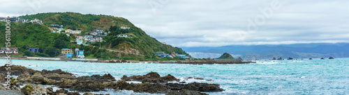 Panonamic image of Taputeranga Marine Reserve is located on Wellington  's South coast covering Island Bay , Owhiro Bay and  Houghton Bay , Wellington , North Island of New Zealand
