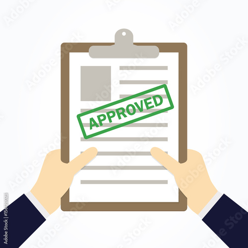 Two hands holding a approved paper. Vector illustration.