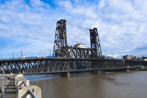 Old lifting bridge two towers Willamette river Portland Down Town photo