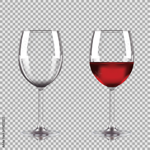 Wine glasses - empty, half full. Set of transparent vector wineglass with red wine. photo