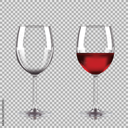 Wine glasses - empty, half full. Set of transparent vector wineglass with red wine.