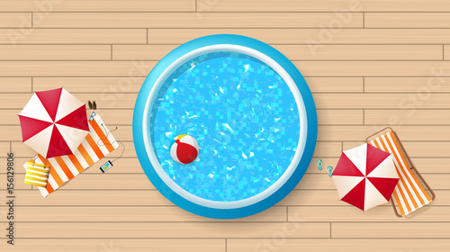 Photorealistic Summer Vector Background. Top View of Swimmingpool  and parasol.