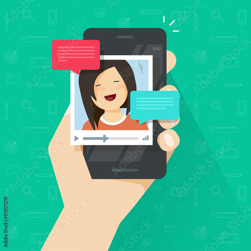 Online video call on smartphone vector illustration, flat cartoon style mobile phone with video chat technology, people talking online via cellphone