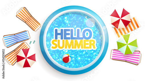Photorealistic Summer Vector Background. Top View of Swimmingpool  and parasol.