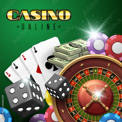 Online casino gambling vector background with roulette, dice and poker cards