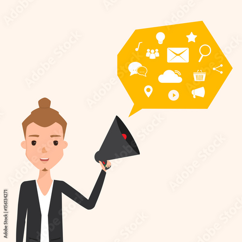 business man using a megaphone to announc. people character infographic. illustration vector of a flat design. photo