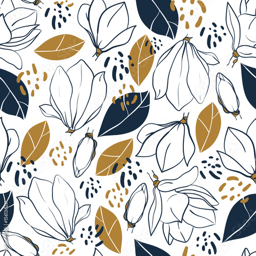 Graphic magnolia flowers,buds,leaves and jungle spots. Vector trendy seamless pattern in deep blue and mustard colors.