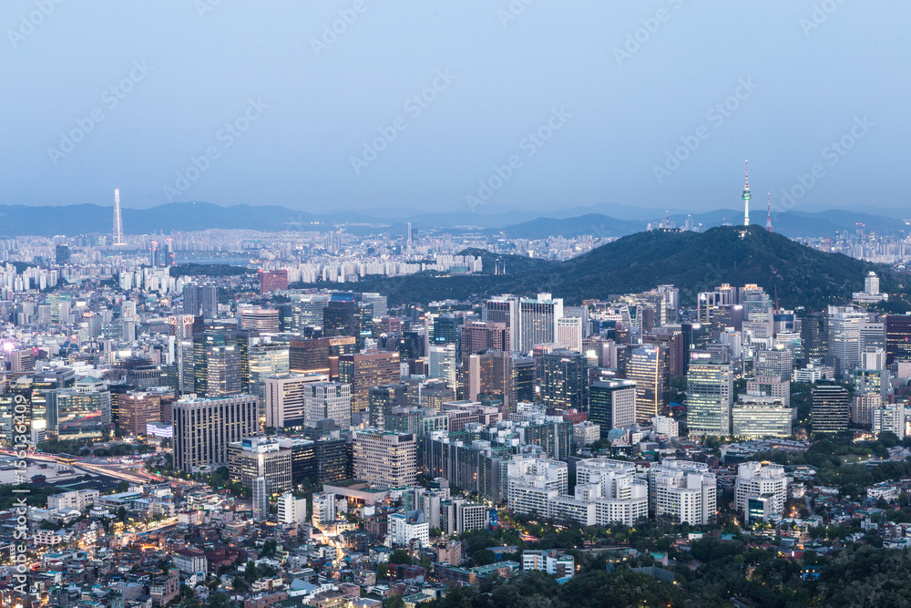 Night falls above the Seoul, South Korea capital city