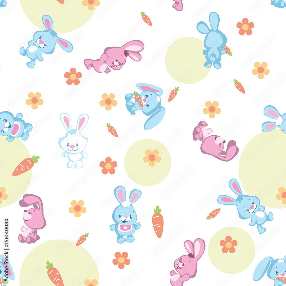 Seamless pattern on a transparent background with funny little rabbits, carrots and flowers. Cartoon vector illustration