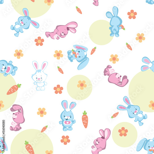 Seamless pattern on a transparent background with funny little rabbits  carrots and flowers. Cartoon vector illustration