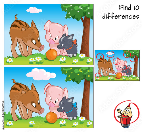 Three little pigs and orange. Find 10 differences. Educational game for children. Cartoon vector illustration