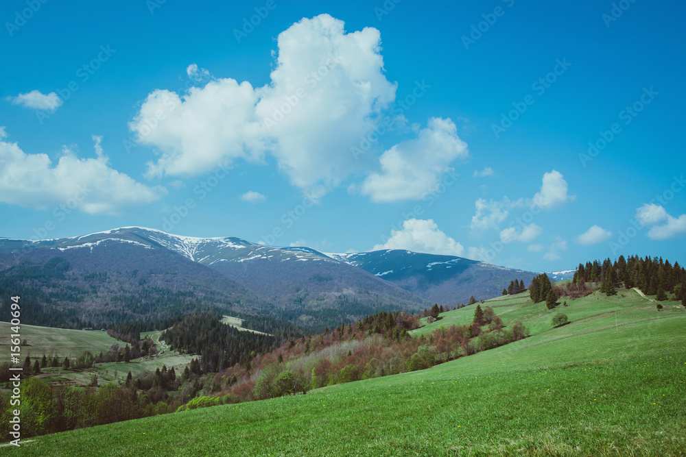Landscape of great mountains in spring in the sunny day