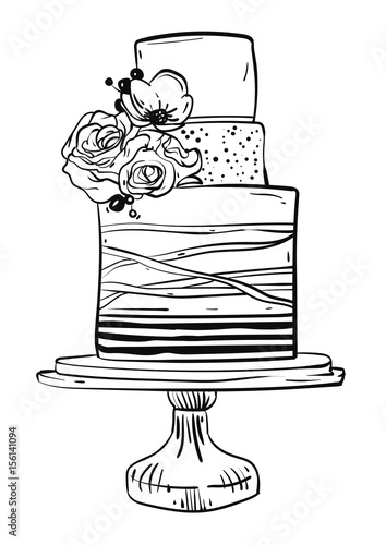Hand drawn vector graphic illustration of big wedding cake with stripes and flowers isolated on white background