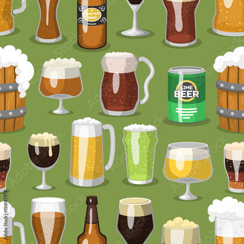 Alcohol beer ale glass vector illustration refreshment brewery and party beverage mug frosty craft drink seamless pattern background